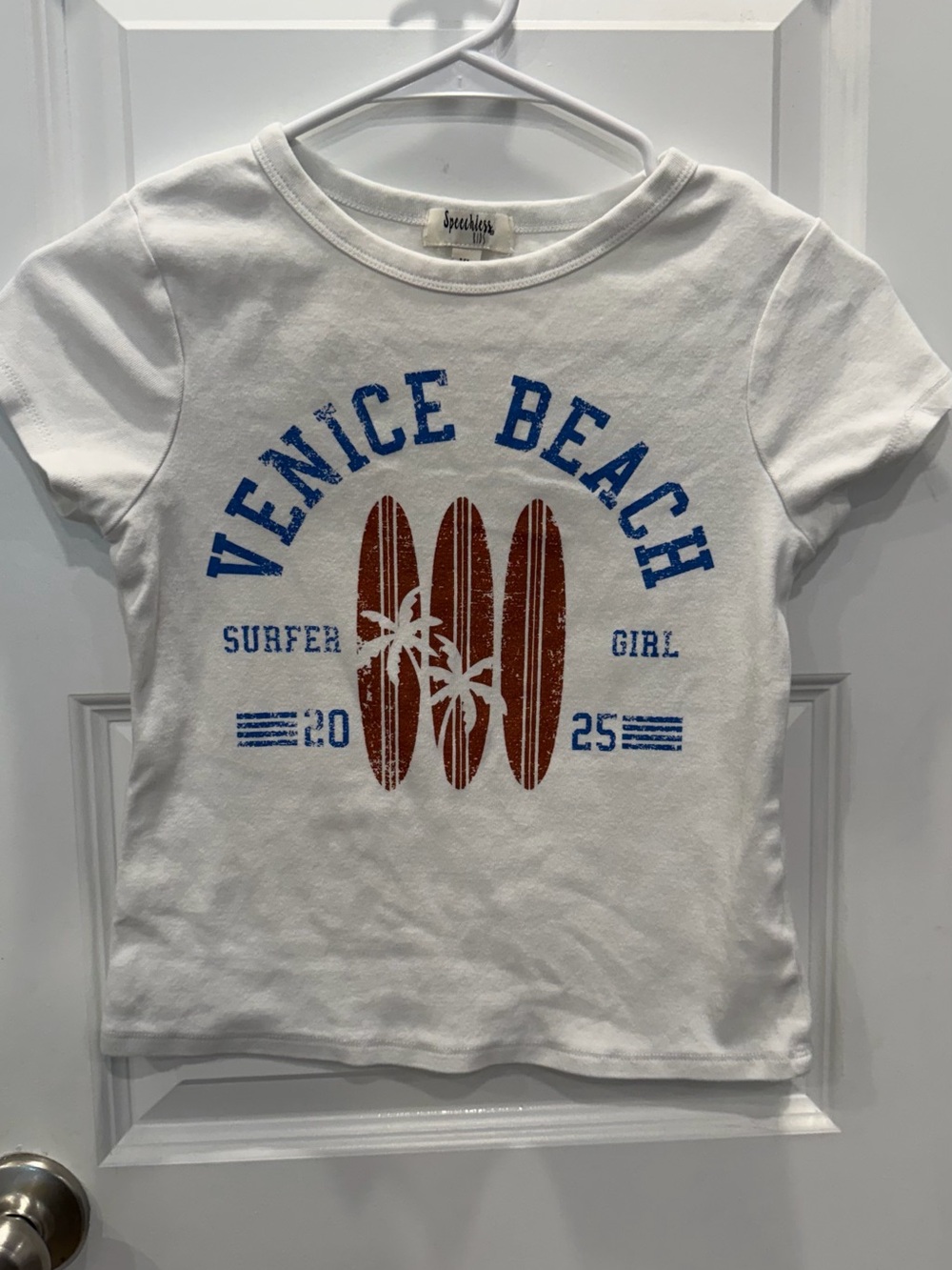 Speechless White Kids Tee with Blue & Brown Venice Beach Graphic